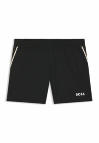 Zwarte shorts van lichtgewicht materiaal met een elastische tailleband, voorzien van zijzakken en een wit logo op de onderzijde van het linkerbeen.