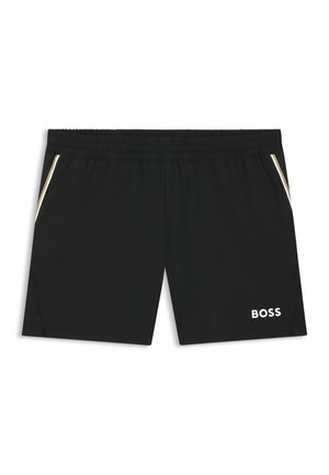 Svarta shorts i lätt material med elastiskt midjeband, med sidofickor och en vit logotyp på nedre vänstra benet.