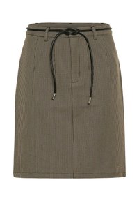 Jupe à carreaux marron avec une taille à cordon, présentant une texture lisse et une silhouette droite. Deux poches latérales sont visibles.