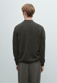 Maglione polo a maniche lunghe di colore grigio scuro, con vestibilità morbida e polsini a costine. Tessuto morbido con design classico del colletto. Visuale posteriore mostrata.