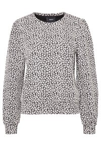 Pull-over à manches longues imprimé léopard noir et blanc, avec encolure ronde et poignets élastiques.