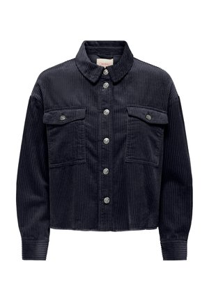 Veste en velours côtelé marine avec un col, fermeture à boutons sur le devant, deux poches poitrine et poignets côtelés. Texture côtelée verticale.