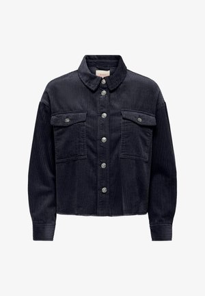 Tumesinine korduroy jakk, millel on krae, esine nupuvajutusega sulgus, kaks rinna taskut ja ribatud varrukaotsad. Vertikaalne ribatud tekstuur.