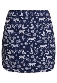 Námornická sukně s bílým zvířecím a květinovým potiskem. Vyrobena z lehké látky, má elastický pas pro pohodlí.