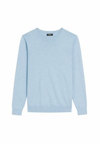 Jasnoniebieski sweter z okrągłym dekoltem i długimi rękawami, z prążkowanymi mankietami, dołem oraz małym haftowanym logo na lewej piersi.