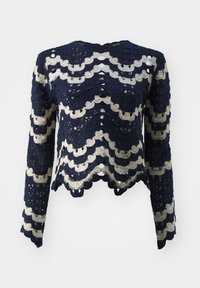 Maglione all'uncinetto navy con motivi a onde alternate in crema. Maniche lunghe con orlo a onde, tessuto testurizzato. Design durevole.