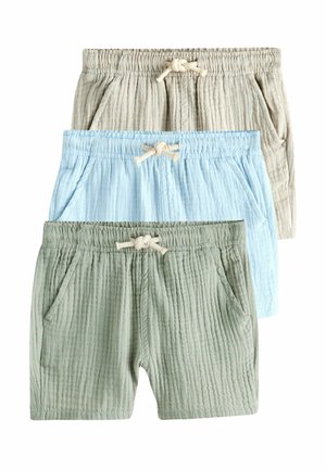 Three pairs of textured shorts: light beige, light blue, and olive green, featuring elastic waistbands and front pockets with ties.