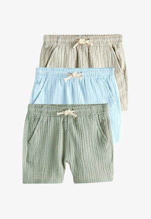 Drei Paar strukturierte Shorts: Hellbeige, Hellblau und Olivgrün, mit elastischen Taillenbändern und Vordertaschen mit Kordelzügen.