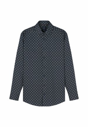 Navy blue long-sleeve button-up shirt with a white circular floral pattern and a classic collar.
