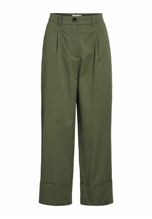 Olive green trousers made of a smooth fabric, featuring a high waist, pleats, and wide legs with a turned-up cuff detail.