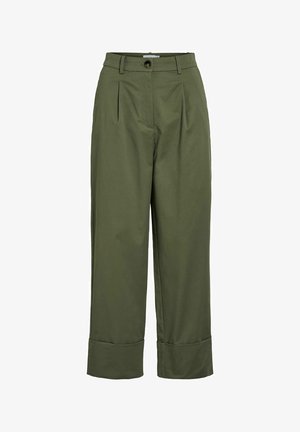 Olive green trousers made of a smooth fabric, featuring a high waist, pleats, and wide legs with a turned-up cuff detail.