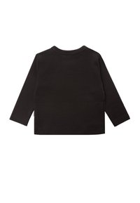 Langarm-T-Shirt für Kleinkinder aus schwarzer Baumwolle, mit Rundhalsausschnitt, genähten Kanten und glatter Textur. Die Rückansicht zeigt keine Drucke oder Verzierungen.