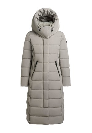 Abrigo acolchado gris claro con cuello alto, patrón acolchado horizontal, capucha desmontable y dos bolsillos laterales con cremallera. Material suave.