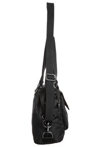 Sac bandoulière noir en nylon avec une finition texturée, doté d'une large sangle, de quincaillerie en métal et d'accents en forme d'anneau distinctifs.