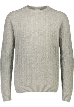 Jasnoszary sweter w splot warkoczowy z okrągłym dekoltem i ściągaczem. Posiada teksturowane wzory oraz długie rękawy. Wykonany z miękkiego, ciepłego materiału.