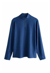 Langärmliger blauer Pullover mit Viertelreißverschluss und hohem Kragen, aus weichem, strukturiertem Stoff, geeignet für legere oder sportliche Kleidung.