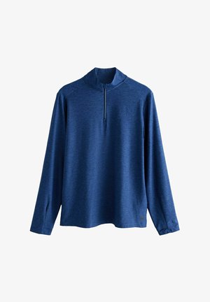 Langärmliger blauer Pullover mit Viertelreißverschluss und hohem Kragen, aus weichem, strukturiertem Stoff, geeignet für legere oder sportliche Kleidung.