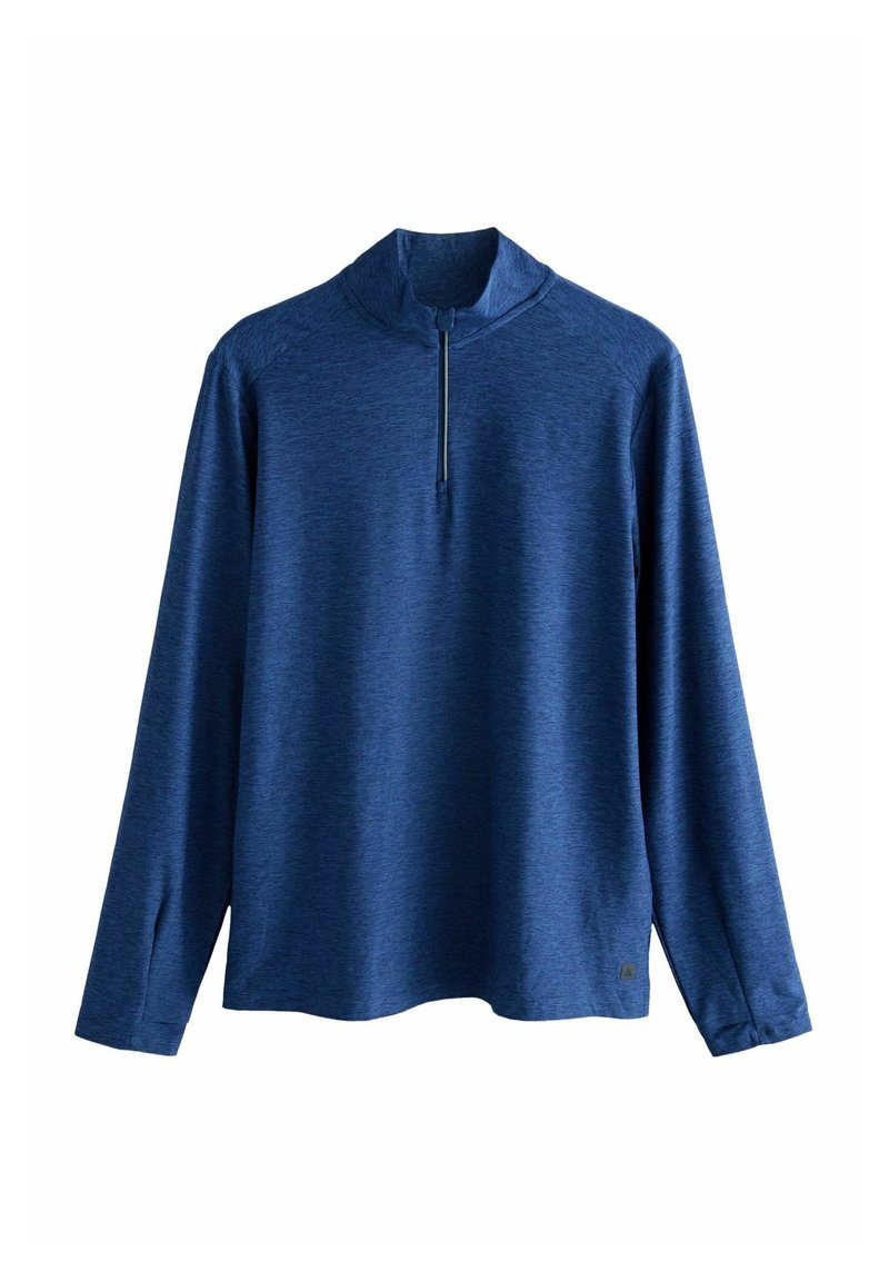 Langärmliger blauer Pullover mit Viertelreißverschluss und hohem Kragen, aus weichem, strukturiertem Stoff, geeignet für legere oder sportliche Kleidung.