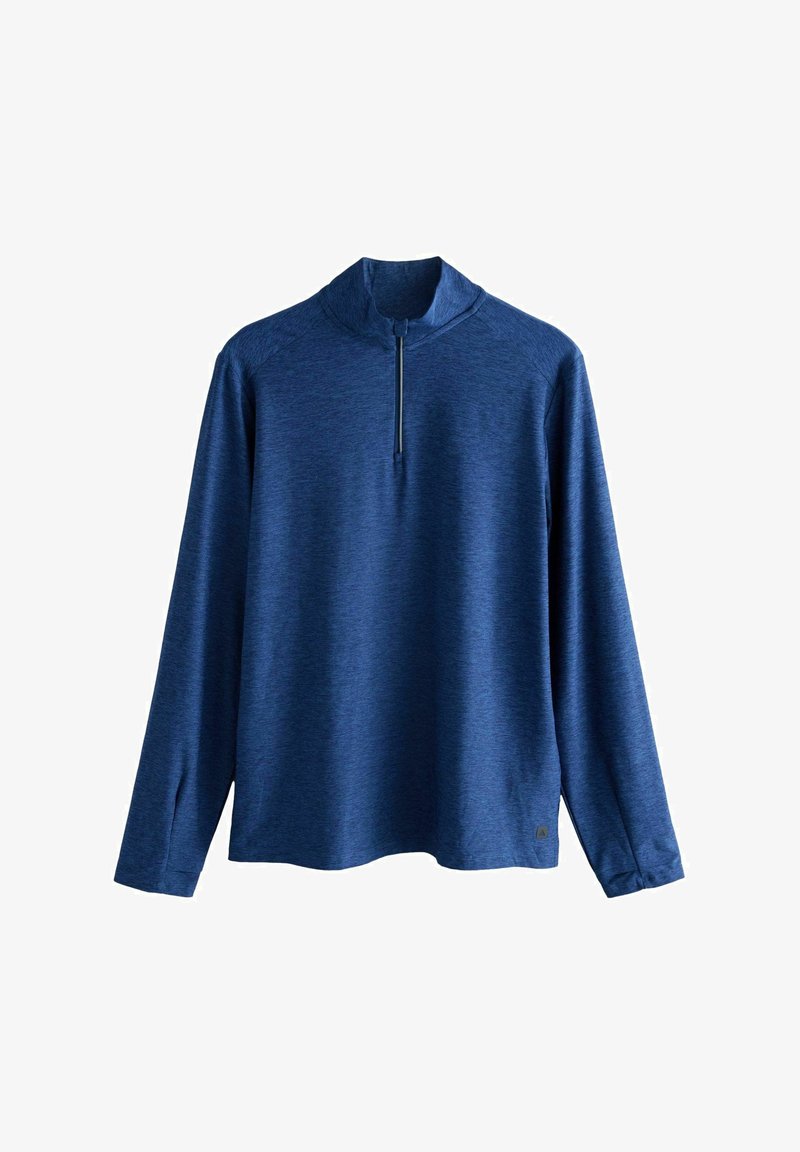 Langärmliger blauer Pullover mit Viertelreißverschluss und hohem Kragen, aus weichem, strukturiertem Stoff, geeignet für legere oder sportliche Kleidung.