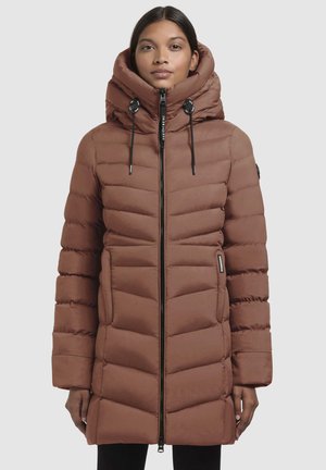 Braune gepolsterte Parka-Jacke mit hohem Kragen, Kordelzugkapuze und Reißverschluss. Verfügt über ein schräges Steppmuster und seitliche Taschen.