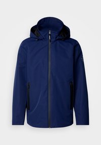Veste imperméable bleu marine avec une capuche, fermeture éclair à l'avant, deux poches latérales zippées noires et un logo discret sur l'épaule gauche.
