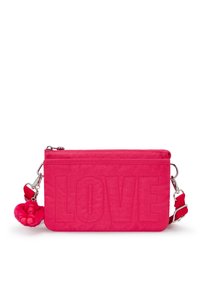 Pink fabric bag featuring embossed "LOVE" text, zip closure, adjustable strap, and a fluffy pink charm attached to the zipper.