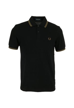 Polo shirt nero a maniche corte con doppie strisce dorate su colletto e maniche, due bottoni e piccolo logo di alloro ricamato sul petto.