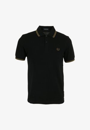 Polo shirt nero a maniche corte con doppie strisce dorate su colletto e maniche, due bottoni e piccolo logo di alloro ricamato sul petto.