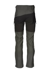 Udendørsbukser i blandede grå og sorte farver, med fleksibelt materiale, lynlåslommer og en tætsiddende pasform i taljen.