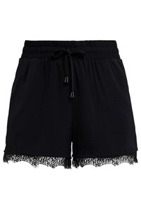 Svarta shorts i mjukt tyg, med elastisk midja och dragsnöre samt spetsdetaljer i nederkant.