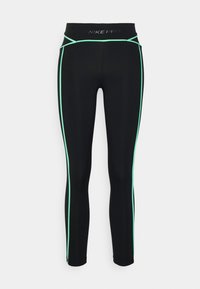 Czarne legginsy sportowe z wysokim stanem, z pionowymi akcentującymi paskami w kolorze miętowym po bokach oraz gładką fakturą.