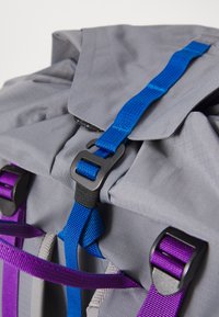 Gray backpack with a roll-top closure, featuring blue and purple straps, plastic buckles, and textured fabric.