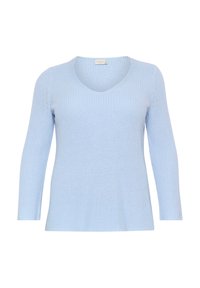 Pull bleu clair en maille avec col en V, manches trois-quarts et finition texturée. Présente une coupe décontractée et un tissu doux.