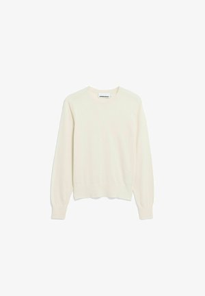 Light beige crew neck sweater made of soft fabric, featuring ribbed cuffs and hem, with a minimalist design and small logo detail.