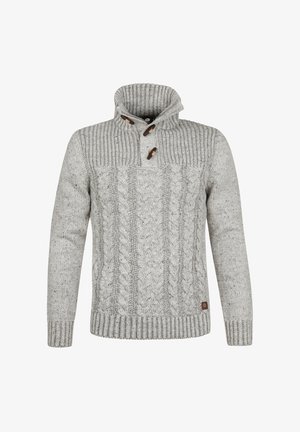 Light gray knit sweater with a high collar, featuring a cable knit pattern, wooden buttons, and ribbed cuffs and hem.
