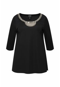 Schwarzes langärmliges Oberteil mit weitem Rundhalsausschnitt, verziert mit dekorativen metallic Perlen um den Kragenbereich. Slim Fit, leichtes Material.