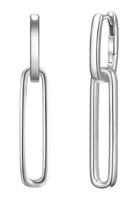 Sudraba riņķa auskari ar šauru, izstieptu taisnstūra dizainu, kas apstrādāts ar spīdīgu apdari un drošu aizdari.