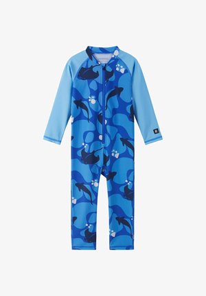 Niebieski dziecięcy jednoczęściowy strój kąpielowy z długimi rękawami, zamkiem z przodu oraz wzorem z ciemnoniebieskimi rybami i białymi bąbelkami.