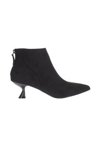 Stivaletti neri in suede con punta appuntita, tacco conico sottile e zip laterale. Texture liscia senza motivi o accenti visibili.
