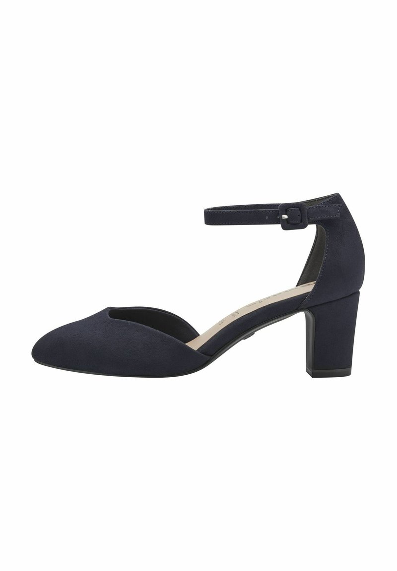 Chaussure femme bleu marine à petit talon bloc, bout pointu, côtés fermés et bride de cheville réglable avec boucle.