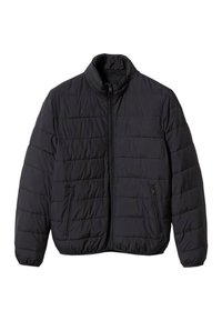 Veste matelassée noire avec fermeture éclair à l'avant, col montant et poignets élastiques. Présente une couture en zigzag et deux poches latérales zippées.