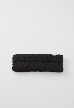 Knitted black headband featuring a braided texture and a logo tag on one side, designed for warmth and comfort.