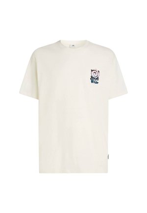 Cream cotton T-shirt with short sleeves and a crew neckline. Features a colorful graphic on the left chest. Tag visible on the side.