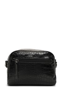 Borsa a tracolla nera con motivo in pelle di coccodrillo testurizzato, tasca frontale con zip, parte superiore curvata e tracolla regolabile. Superficie liscia e lucida.