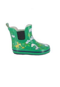 Groene waterdichte enkellaars met zwart elastisch paneel, versierd met dierenprints (giraffe, zebra) en bloemdecoraties op een gestructureerd oppervlak.