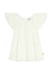 Robe blanche à manches courtes avec des manches évasées, dotée d'un motif floral texturé et d'une coupe ample. Étiquette attachée à l'intérieur de l'encolure.
