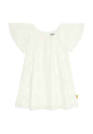 Weißes kurzärmliges Kleid mit weit auslaufenden Ärmeln, das ein strukturiertes Blumenmuster und eine lockere Passform aufweist. Etikett im Nacken angenäht.