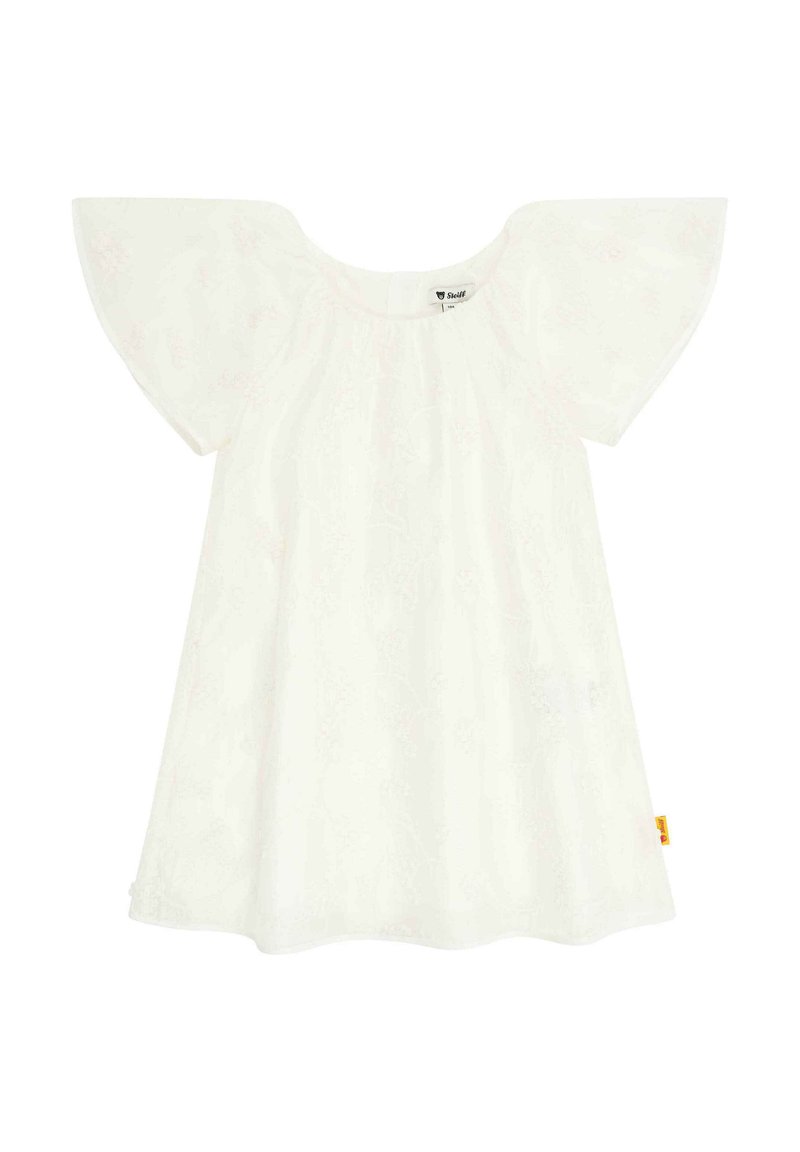 Robe blanche à manches courtes avec des manches évasées, dotée d'un motif floral texturé et d'une coupe ample. Étiquette attachée à l'intérieur de l'encolure.