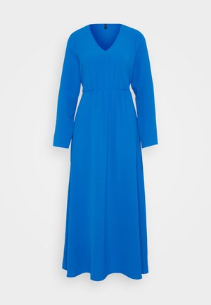Robe longue bleue avec un décolleté en V, des manches longues et une taille ajustée. Fabriquée dans un tissu doux, elle tombe en une silhouette en A.