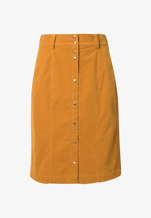 Samt-A-Linien-Rock in senfgelb mit einem vorderen Knopfverschluss, fünf metallischen Knöpfen und Gürtelschlaufen entlang der Taille.